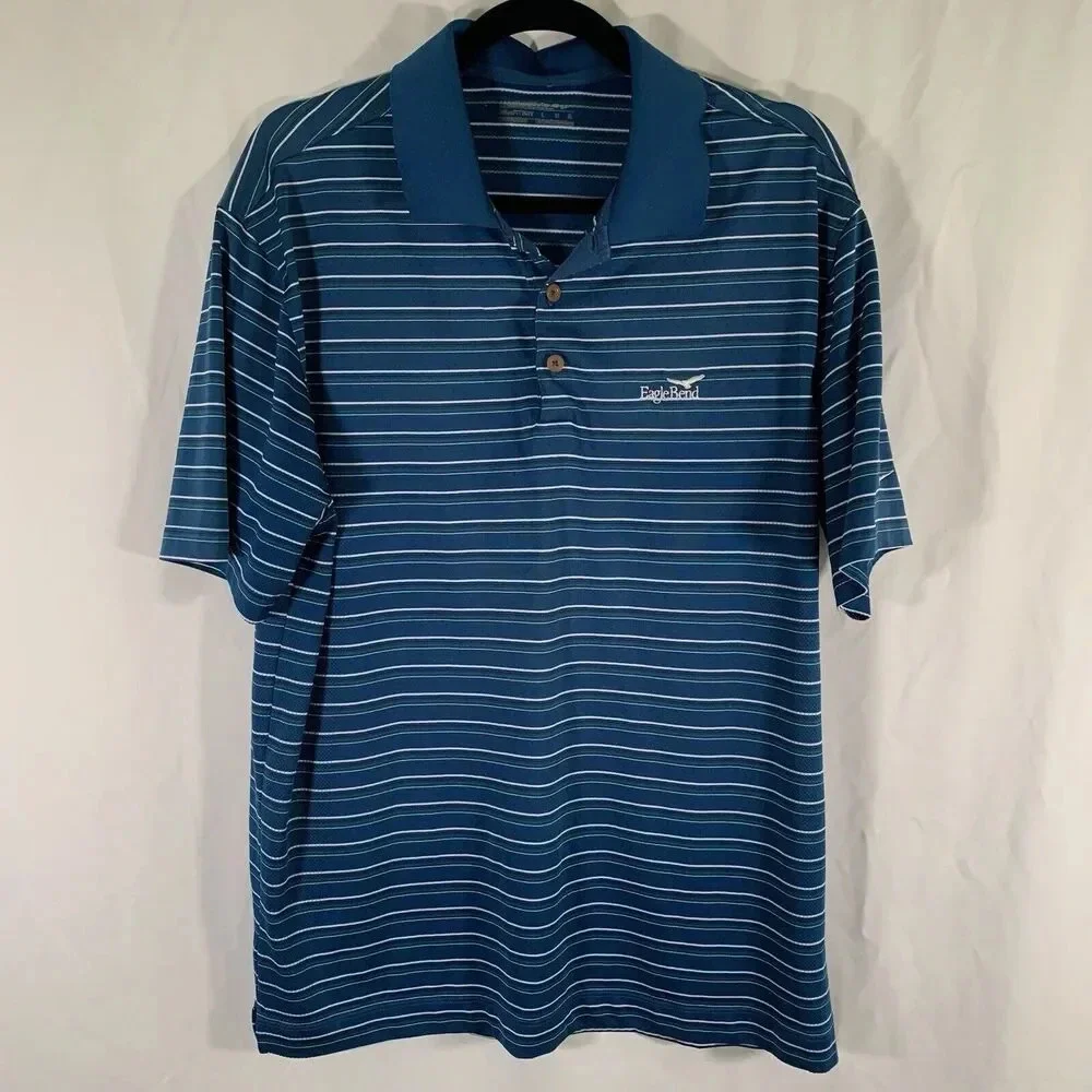 Nike Golf Shirt Mens Large Blue Green Striped Short Sleeve 1/4 Button Polo